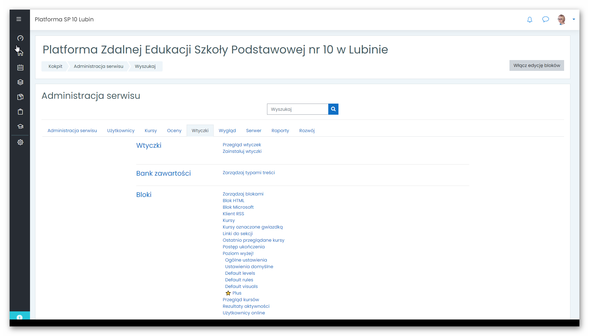 Moodle w Szkole Podstawowej nr 10 w Lubinie - Panel administratora