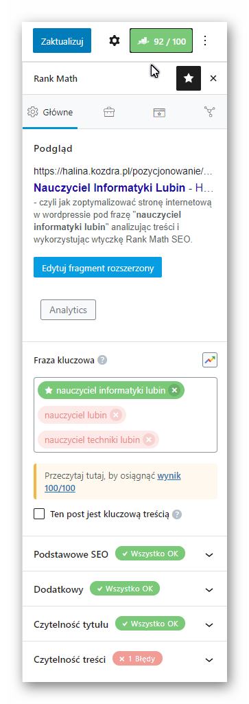 Wynik końcowy optymalizacji treści na frazę 
