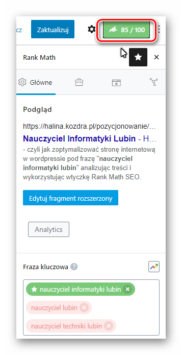 Wynik testu Rank Math SEO